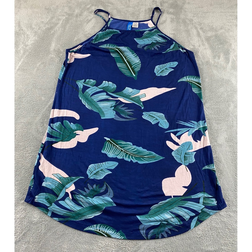 Island Beach Womens XL Blue Tropical Palm Leaf Halter Neck Cotton Blend Dress